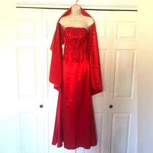 Red Dynasty Prom Evening Ballgown skirt & corset with shawl, purse & gloves